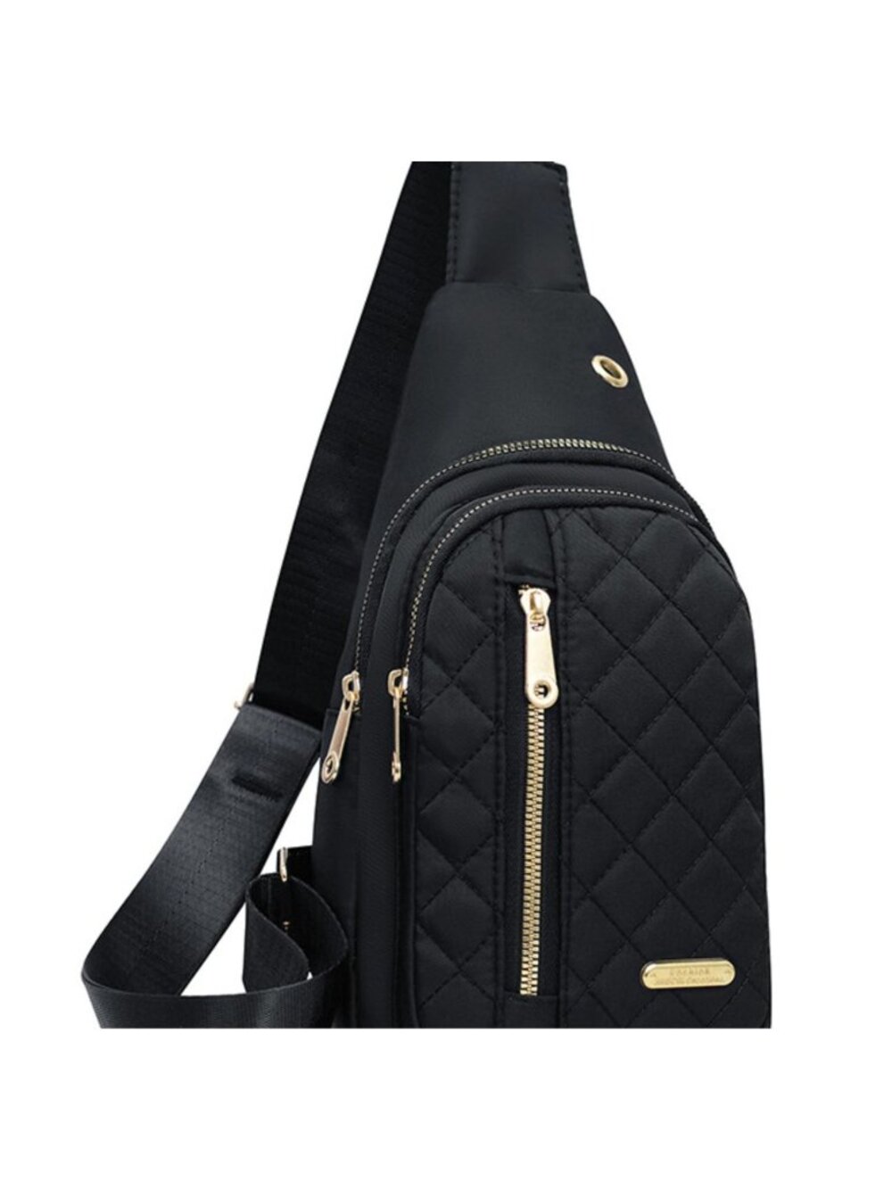 Quilted Black Nylon Sling Backpack With Gold Zippers & Adjustable Strap Lightwei - Picture 4 of 7